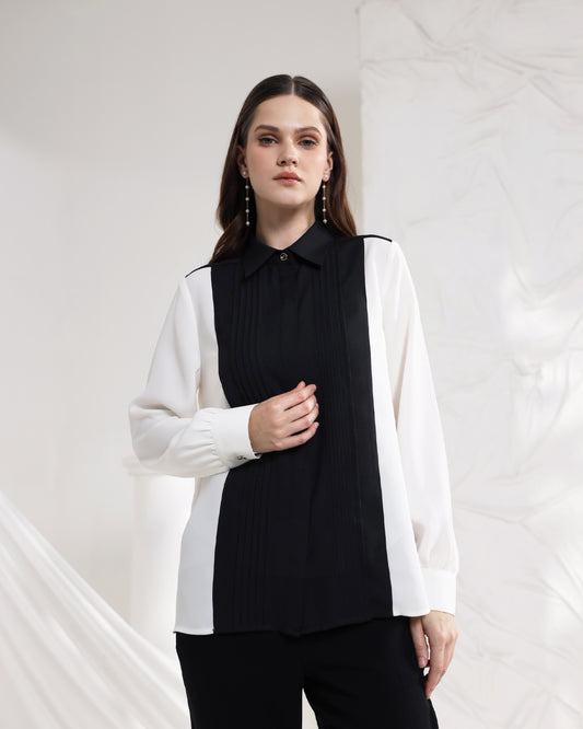 INVIO Molly Pleated Contrast Shirt | Kemeja Wanita - Arch & Edge