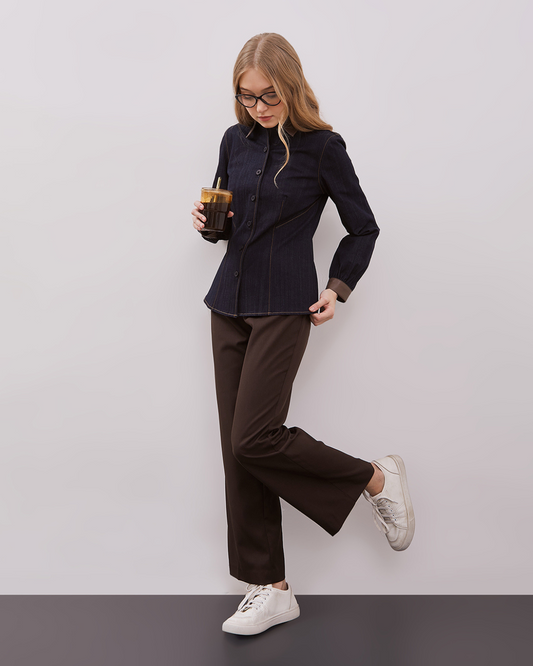 INVIO Lexa Contrast Denim Shirt | Atasan Kemeja Wanita - Espresso