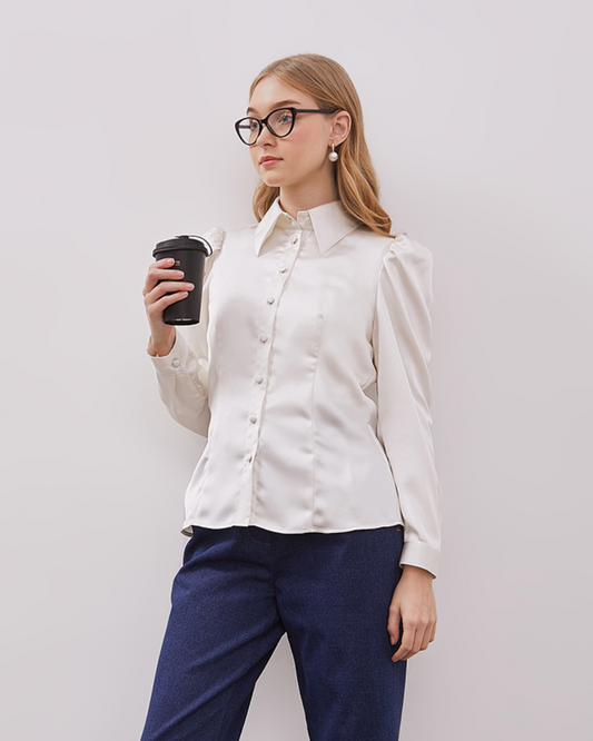INVIO Maisie Satin Puff Shoulder Shirt | Atasan Wanita - Espresso