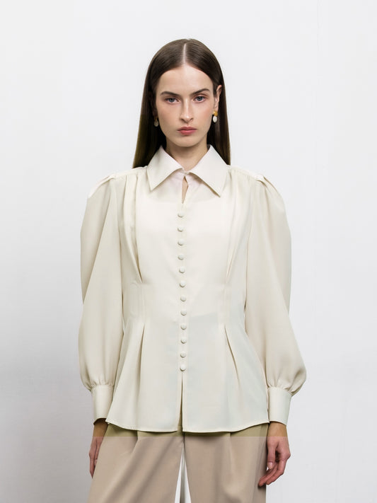 INVIO Yovanni Vintage Button Blouse Natural Cream | Kemeja Atasan Wanita - Essentia