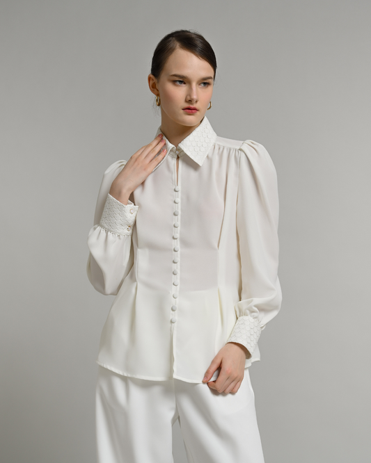 INVIO Yovanni Lace Accent Vintage Button Blouse | Atasan Wanita - Enlace