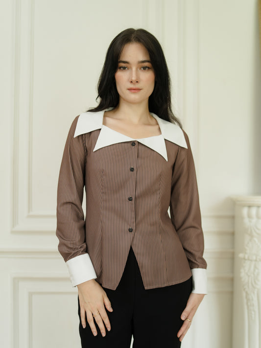 INVIO Riona V-Neck Collar Stripe Shirt | Kemeja Atasan Wanita - Aurist