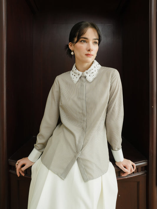 INVIO Riverlyn Lace Collar Stripe Shirt | Kemeja Atasan Wanita - Aurist