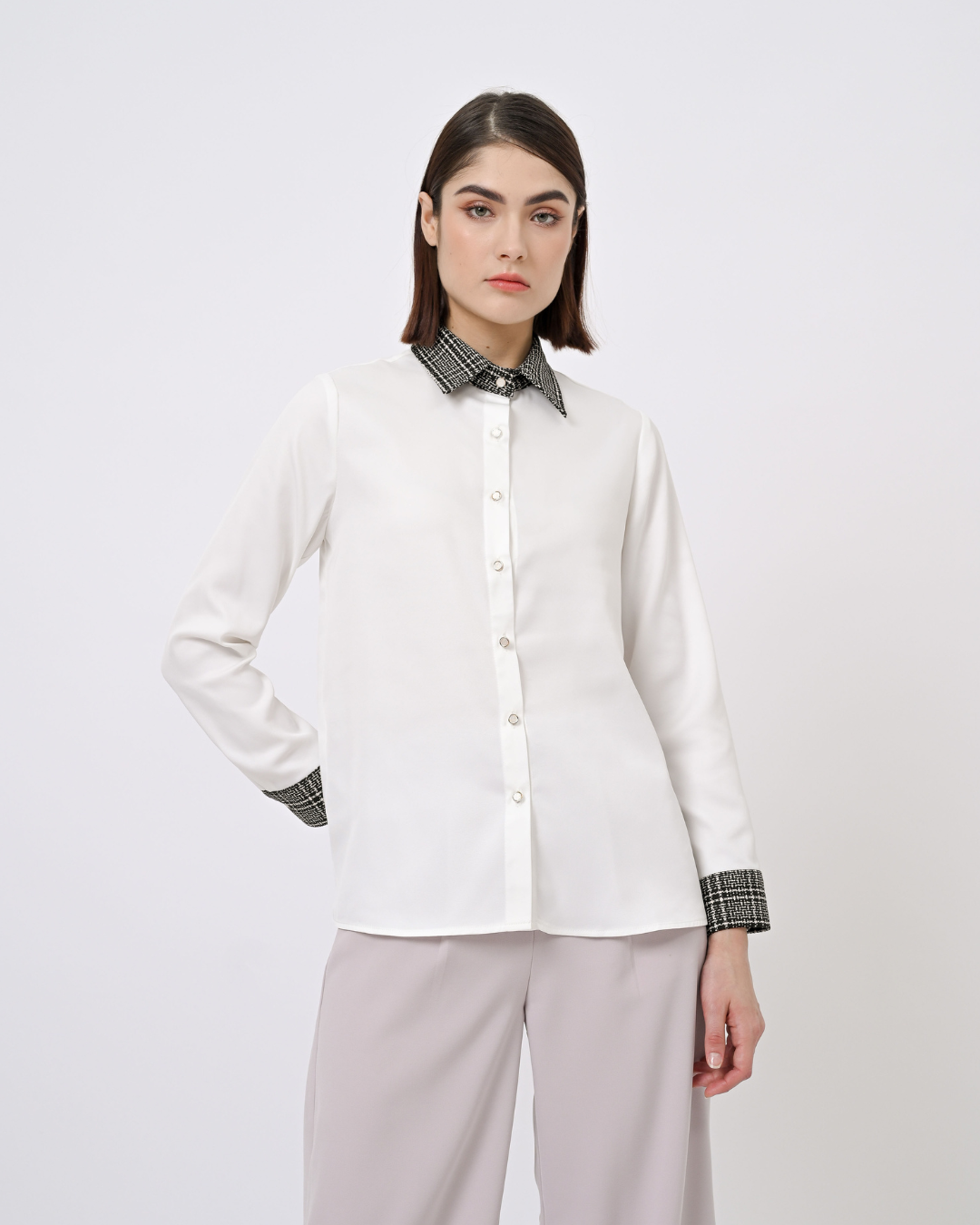 Arianna Mixed-Tweed Shirt Broken White