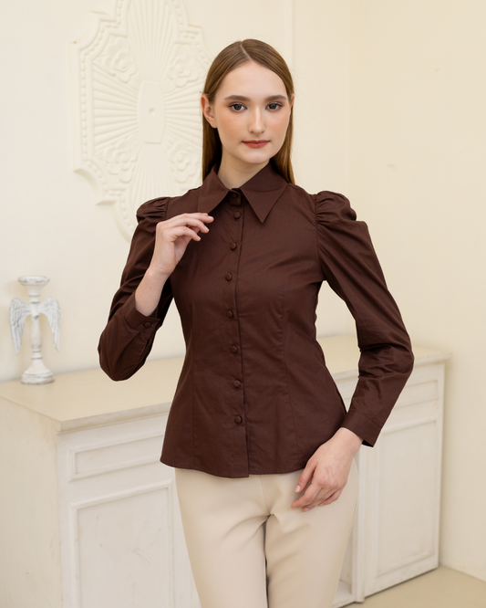 INVIO Maisie Puff Shoulder Shirt Mahagony Brown | Atasan Kemeja Wanita