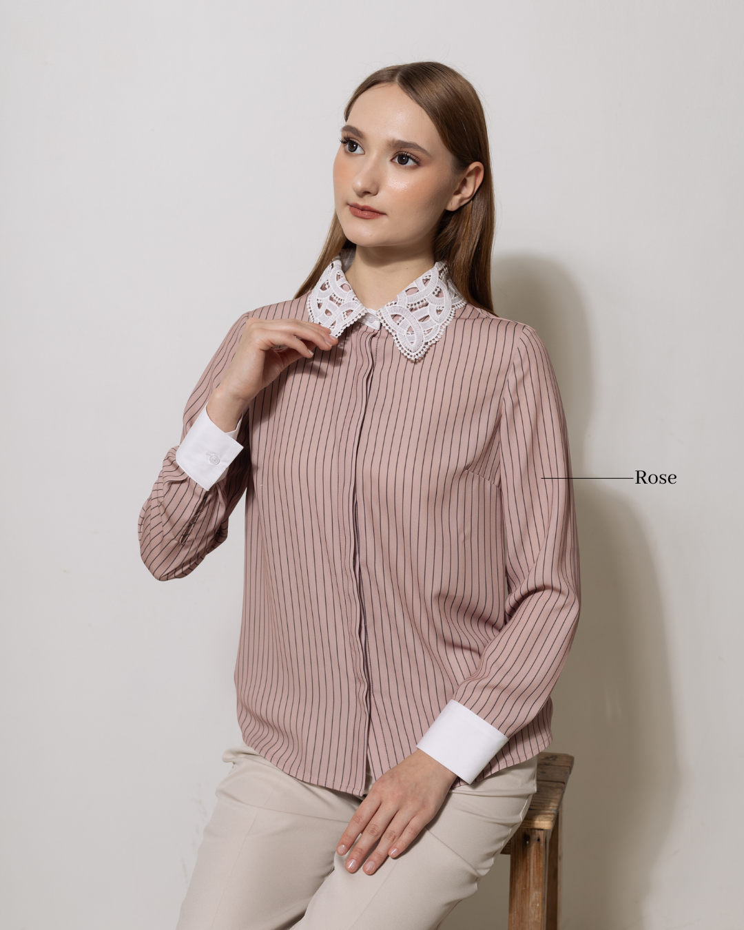 INVIO Riverlyn Lace Collar Stripe Shirt | Kemeja Atasan Wanita - Aurist