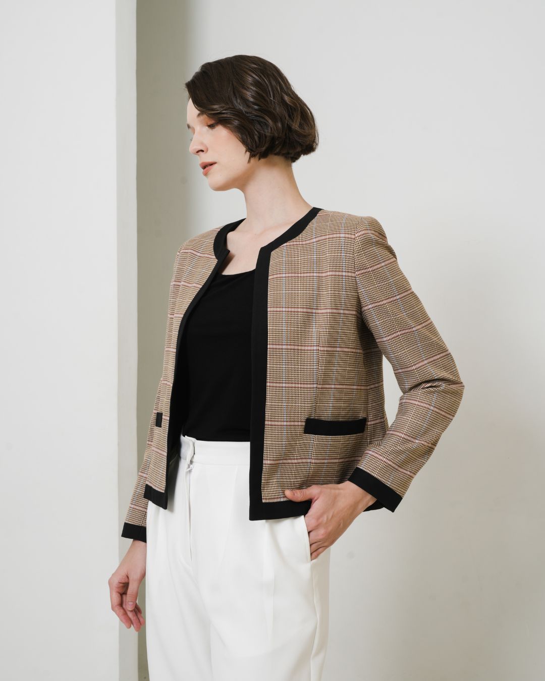 INVIO Elsie Plaid Tweed Jacket Brown | Jaket Outer Wanita