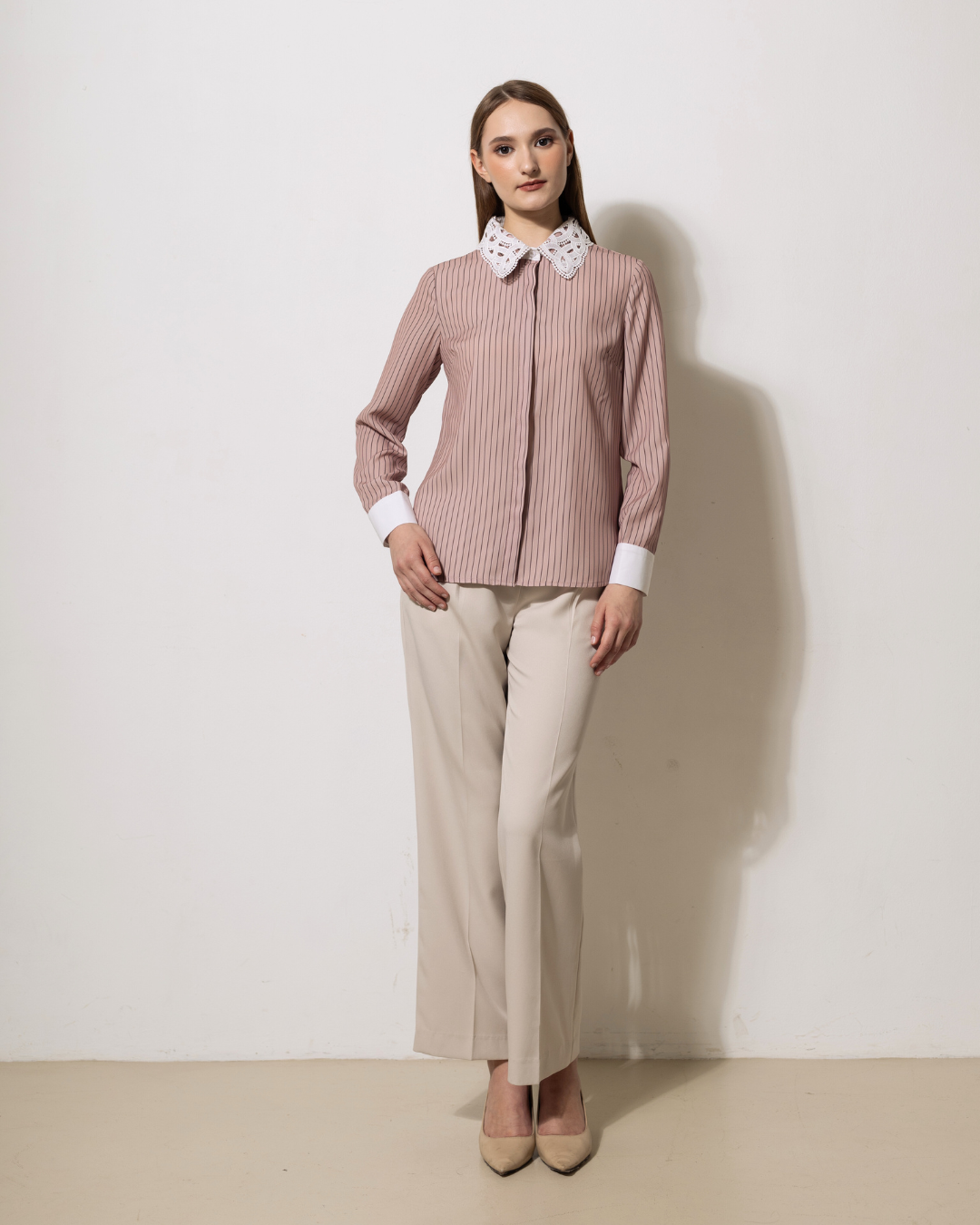 INVIO Riverlyn Lace Collar Stripe Shirt | Kemeja Atasan Wanita - Aurist