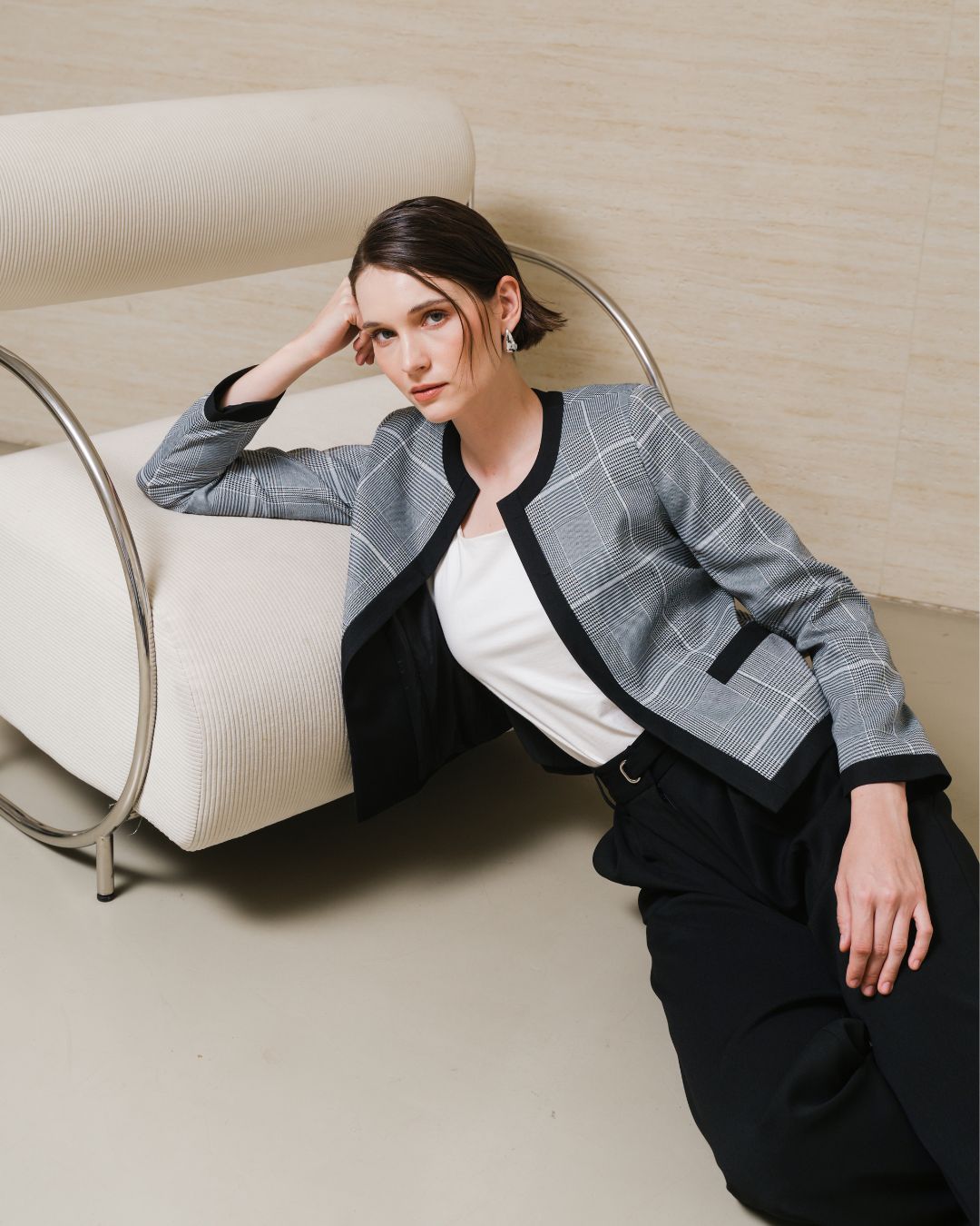INVIO Elsie Plaid Tweed Jacket Black| Jaket Outer Wanita