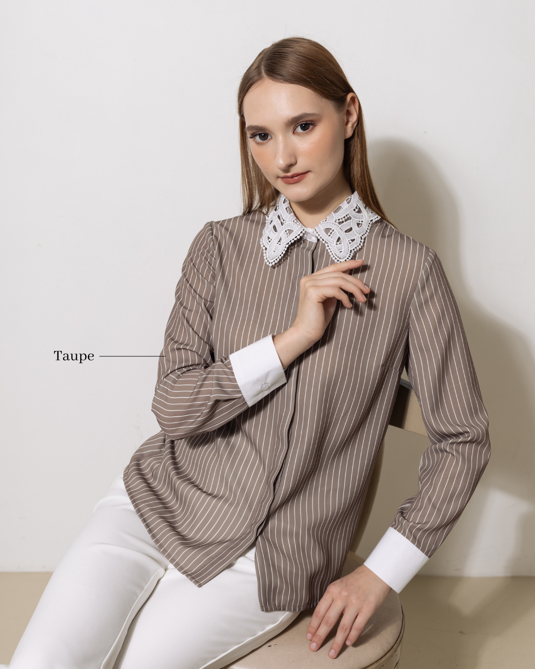 INVIO Riverlyn Lace Collar Stripe Shirt | Kemeja Atasan Wanita - Aurist