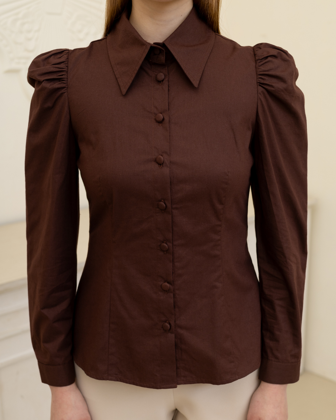 INVIO Maisie Puff Shoulder Shirt Mahagony Brown | Atasan Kemeja Wanita