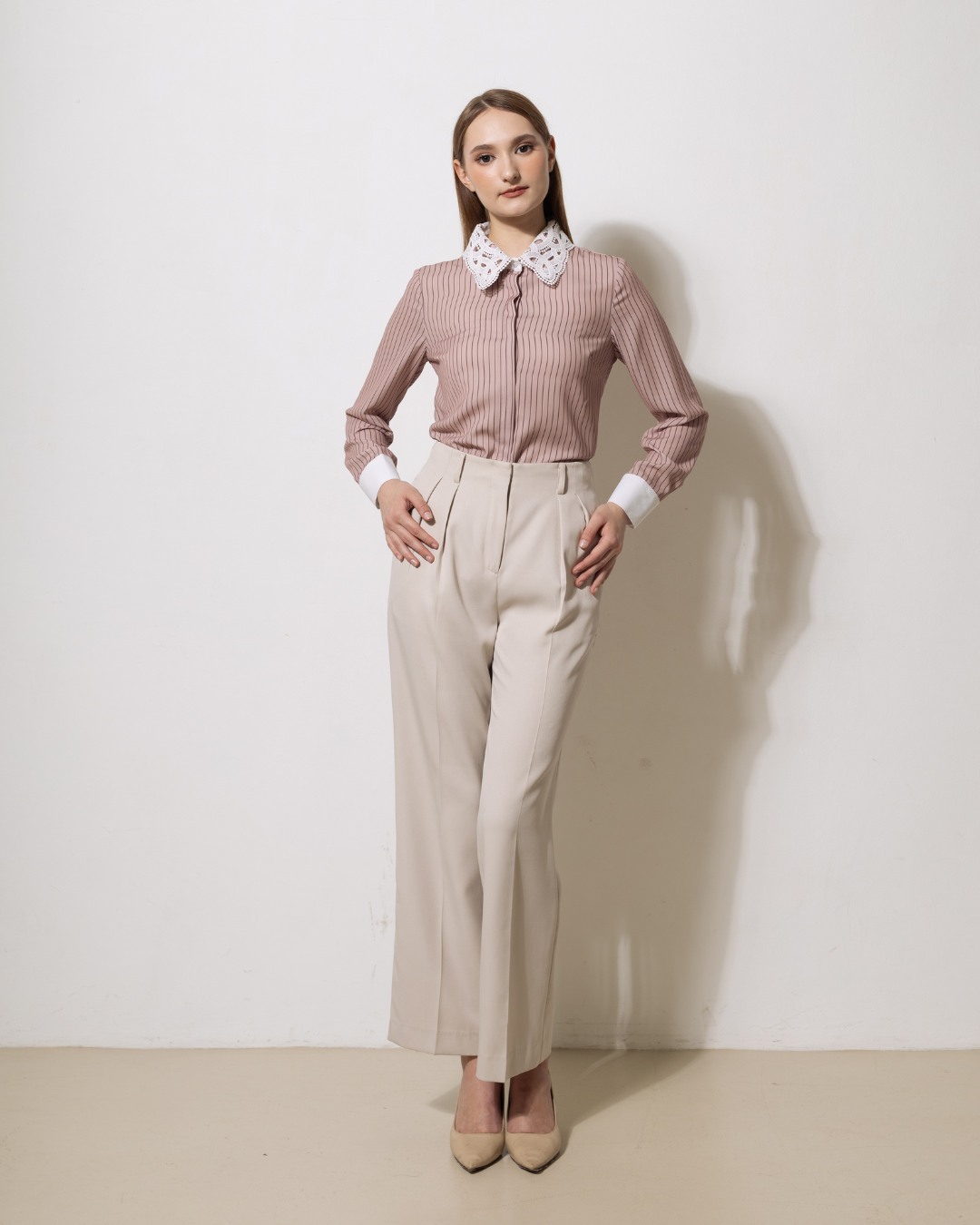 INVIO Riverlyn Lace Collar Stripe Shirt | Kemeja Atasan Wanita - Aurist