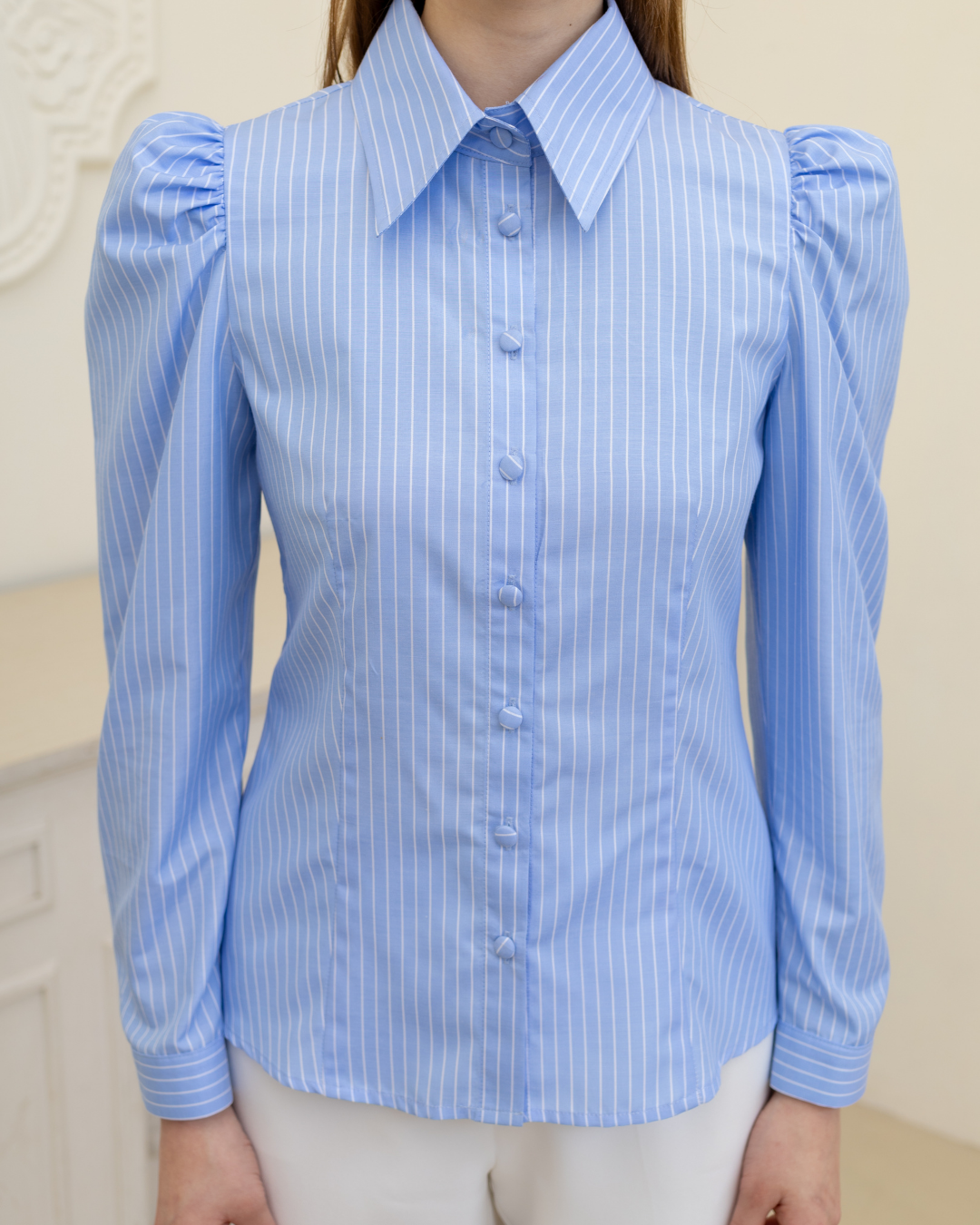 INVIO Maisie Puff Shoulder Shirt Stripe Blue | Atasan Kemeja Wanita