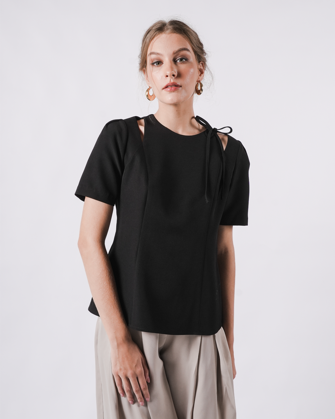 INVIO Yolette Ribbon Tie Cut-Out Blouse | Atasan Wanita - Marielle