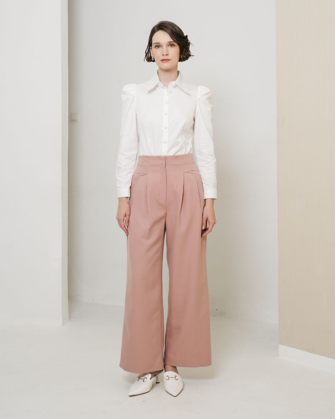 INVIO Alesia Fold Detail Trousers Dusty Pink | Jas Wanita - Leanne Collection