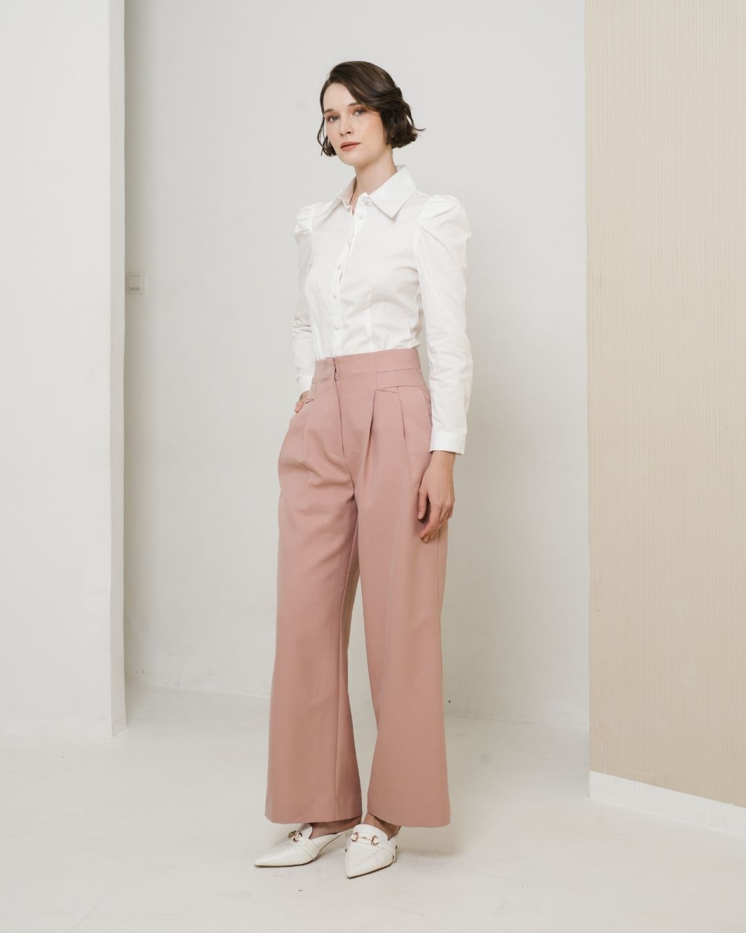 INVIO Alesia Fold Detail Trousers Dusty Pink | Jas Wanita - Leanne Collection