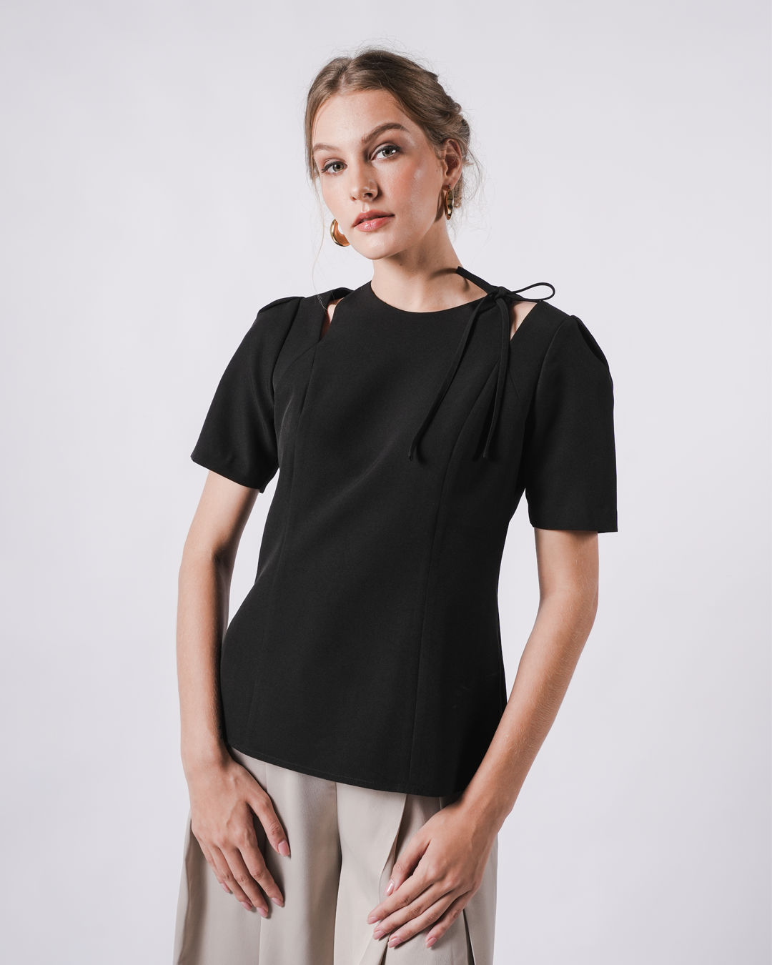 INVIO Yolette Ribbon Tie Cut-Out Blouse | Atasan Wanita - Marielle