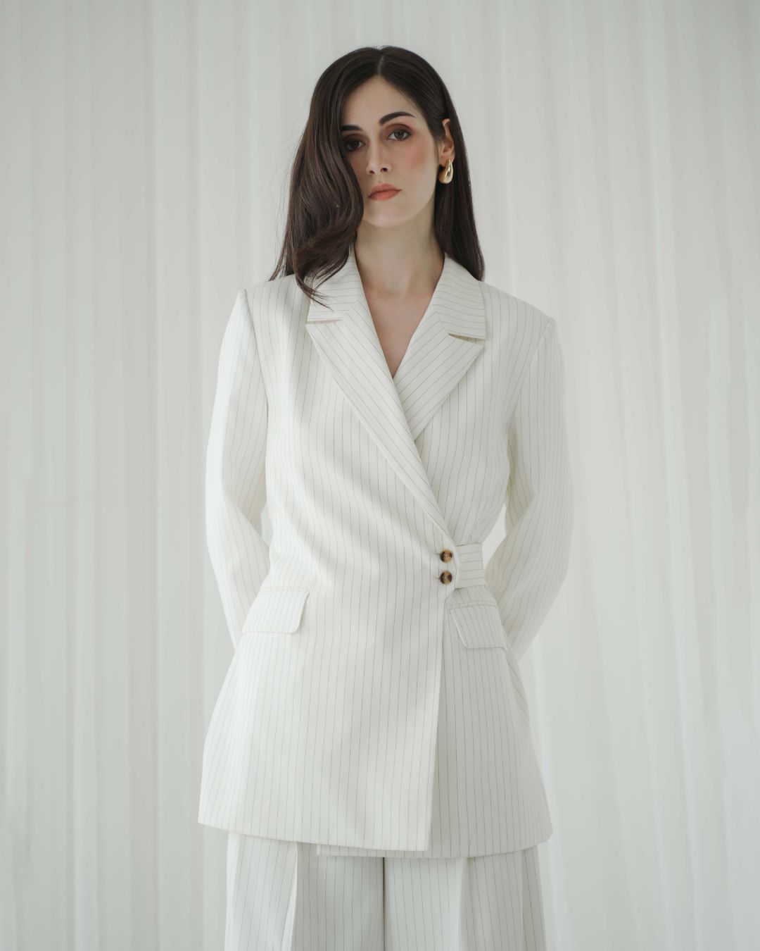 Camellia Pinstripe Belted Blazer