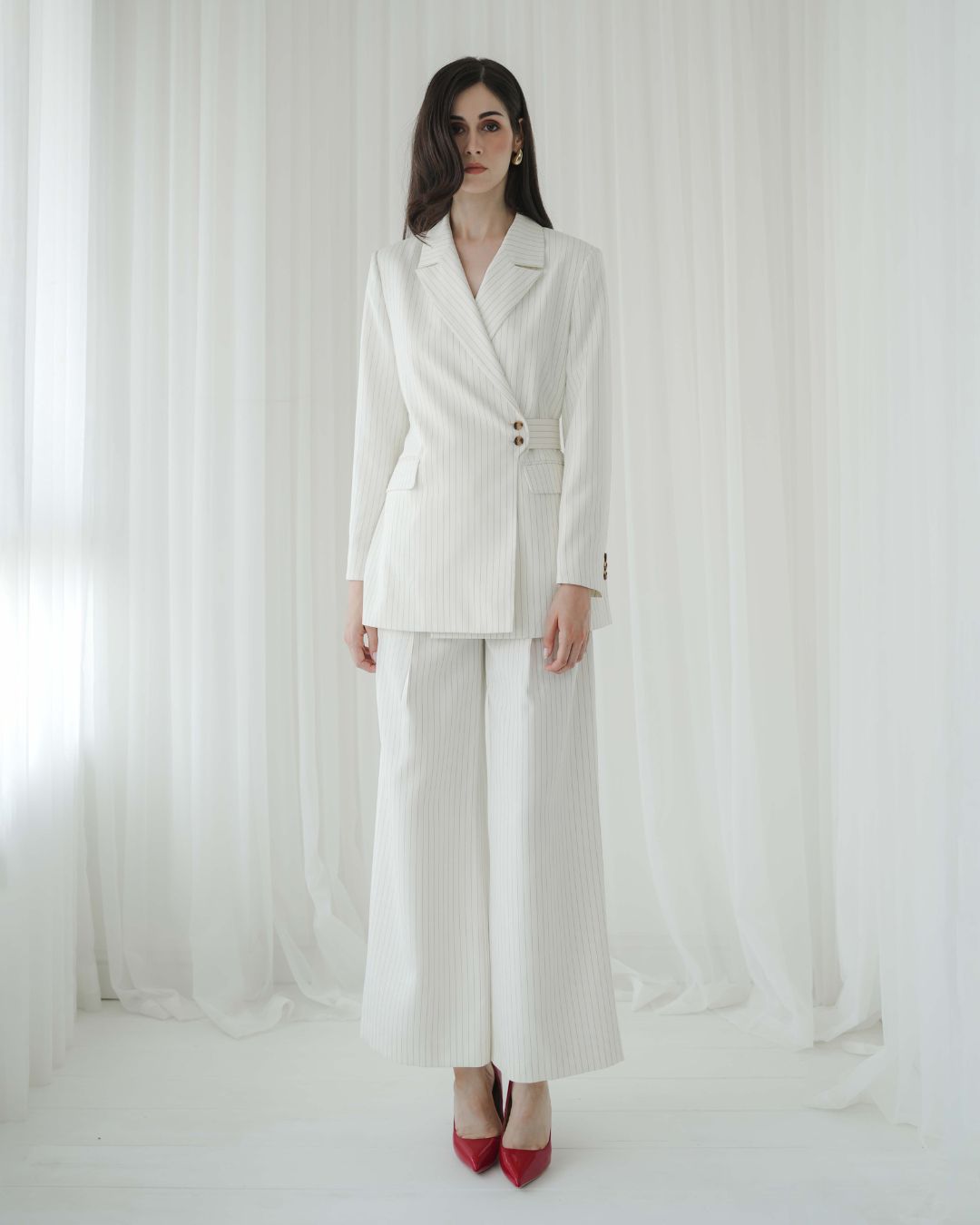 Camellia Pinstripe Belted Blazer