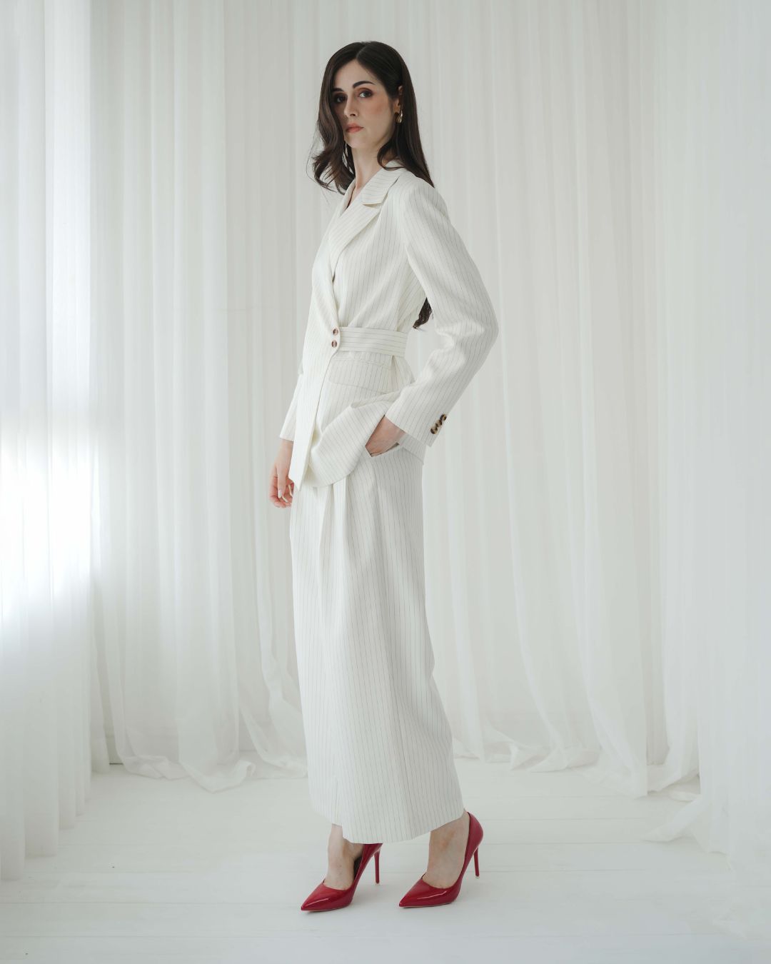 Camellia Pinstripe Belted Blazer