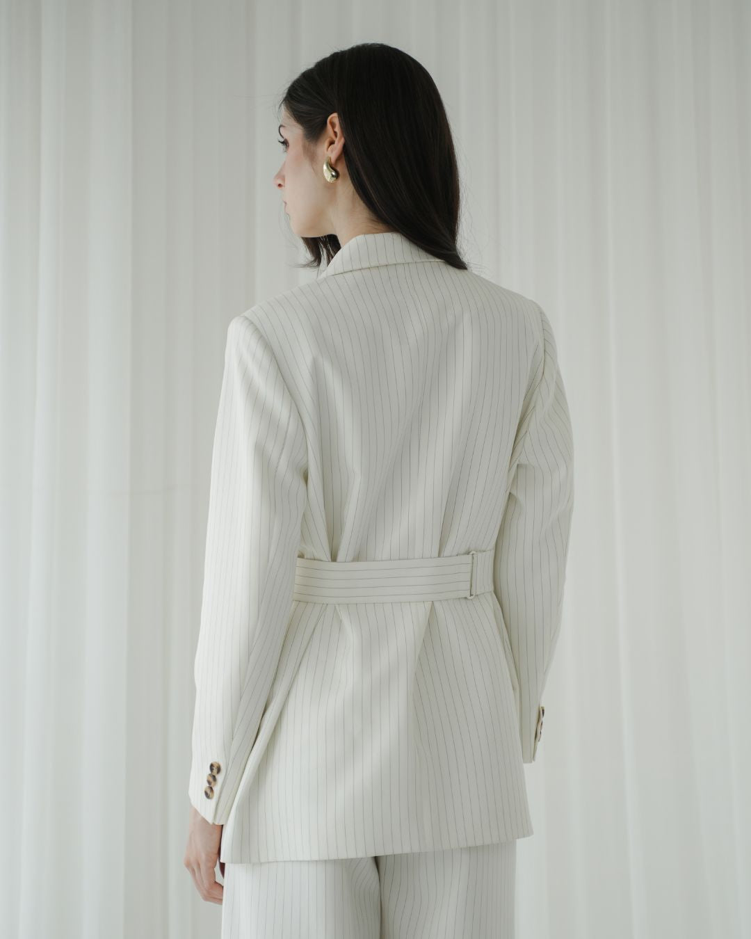 Camellia Pinstripe Belted Blazer