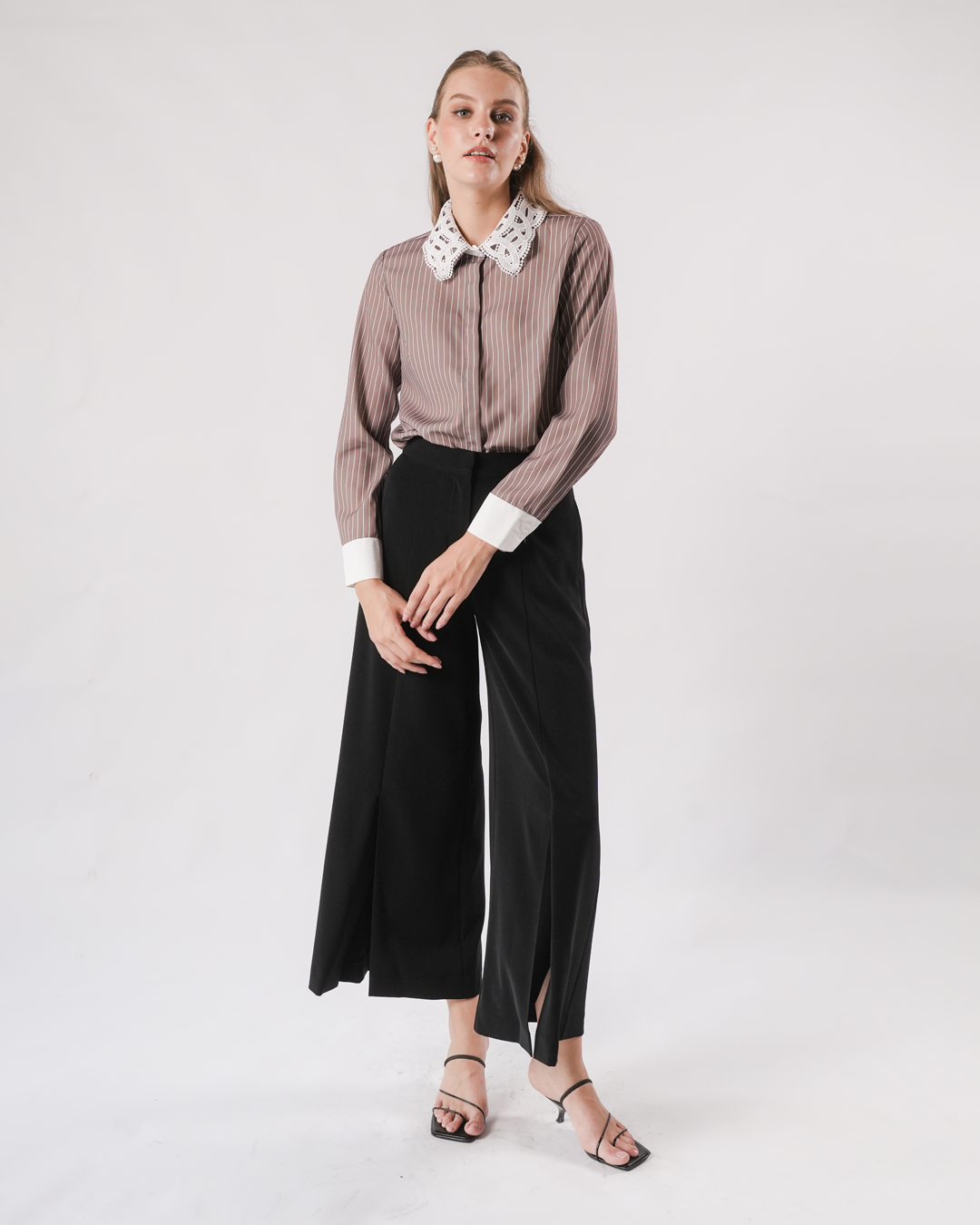 INVIO Yetta Front Slit Flow Trousers Black | Celana Wanita - Marielle
