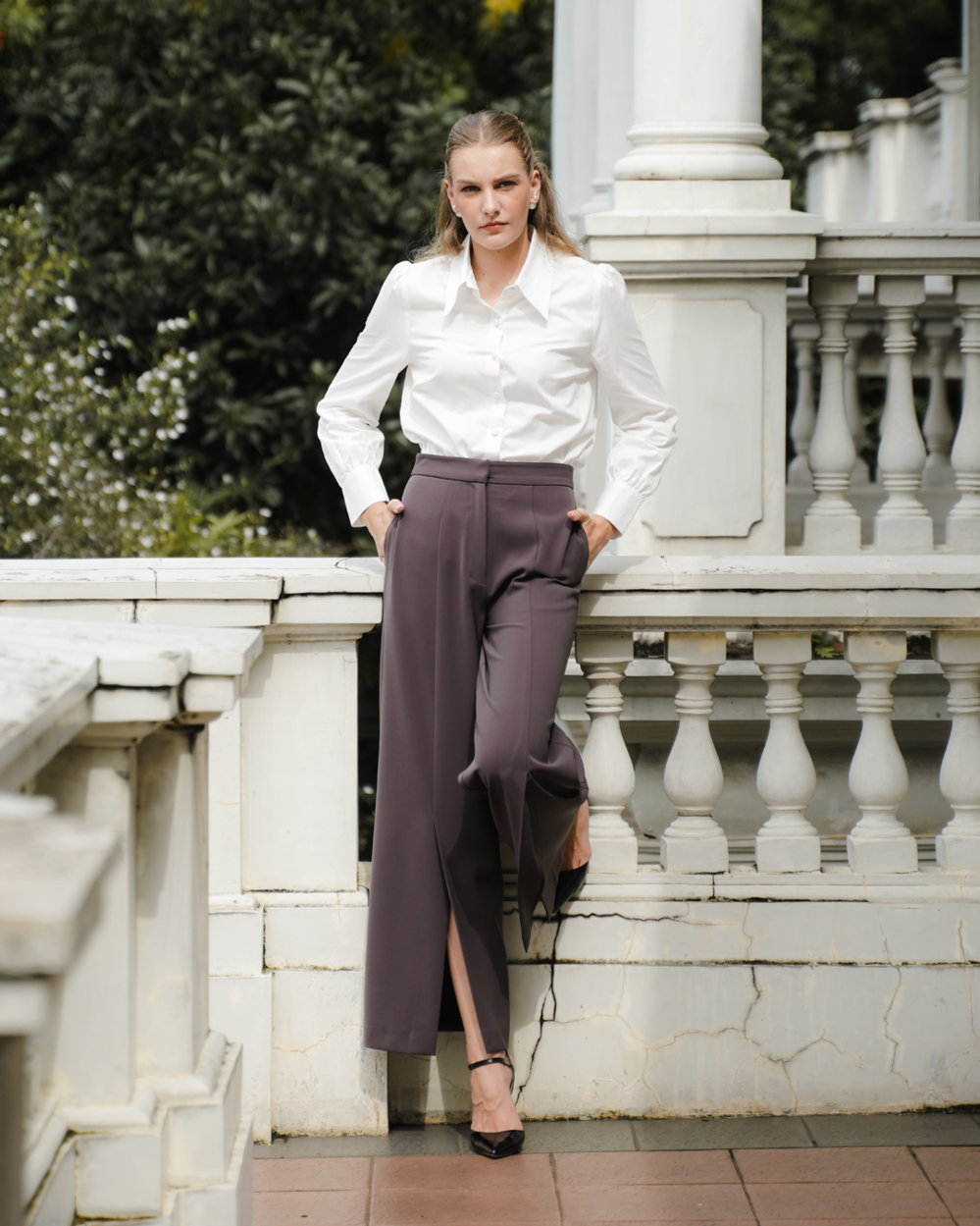 INVIO Yetta Front Slit Flow Trousers Charcoal | Celana Wanita - Marielle