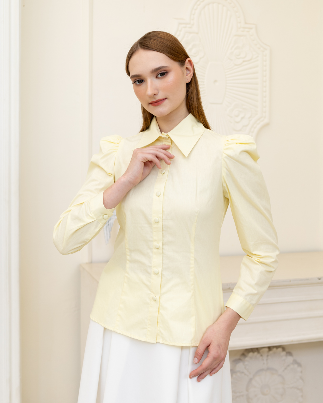 INVIO Maisie Puff Shoulder Shirt Butter Yellow | Atasan Kemeja Wanita