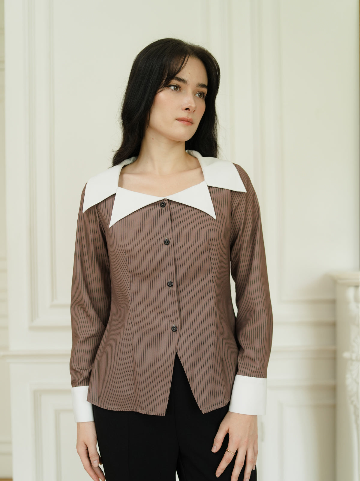 INVIO Riona V-Neck Collar Stripe Shirt | Kemeja Atasan Wanita - Aurist