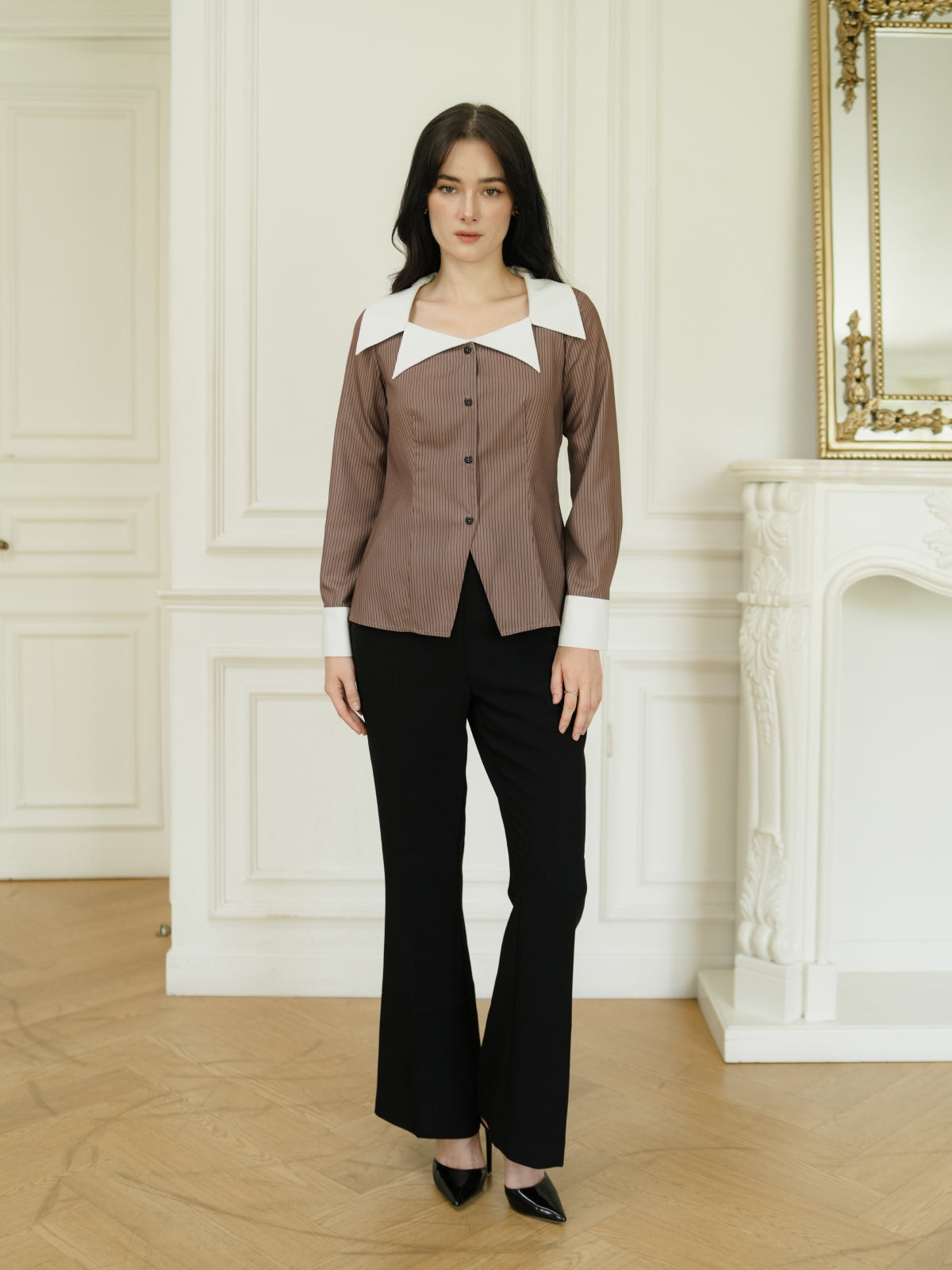 INVIO Riona V-Neck Collar Stripe Shirt | Kemeja Atasan Wanita - Aurist