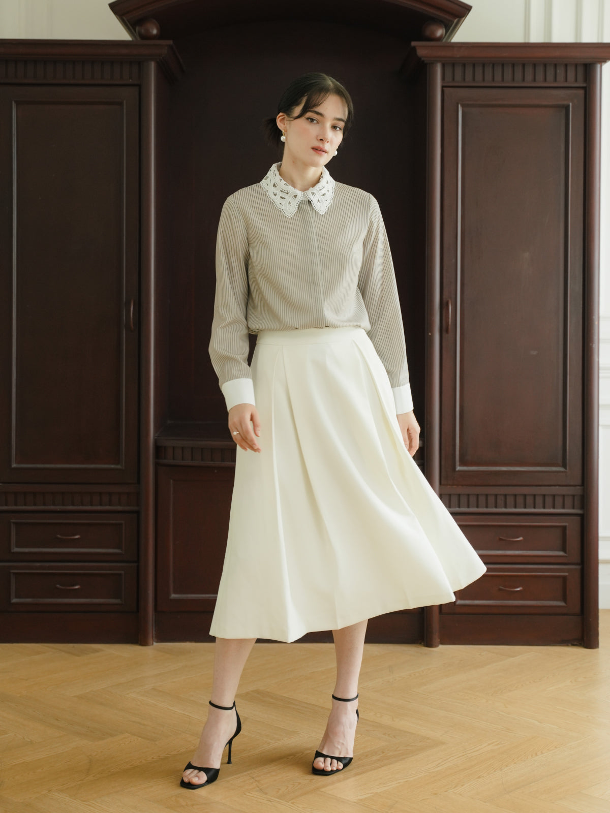 INVIO Riverlyn Lace Collar Stripe Shirt | Kemeja Atasan Wanita - Aurist