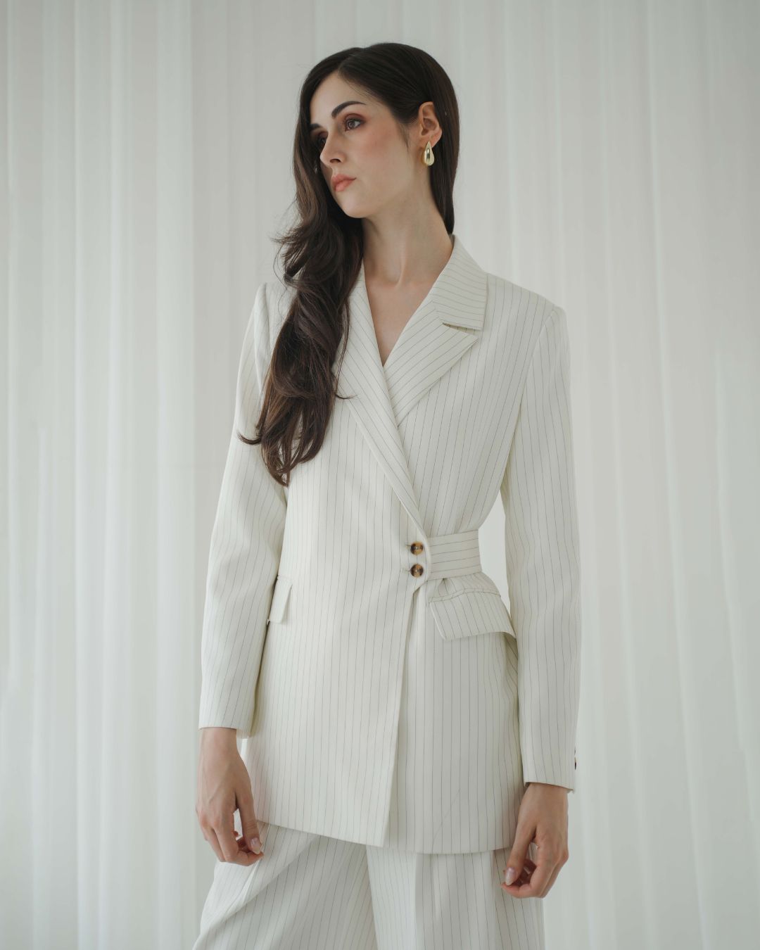 Camellia Pinstripe Belted Blazer